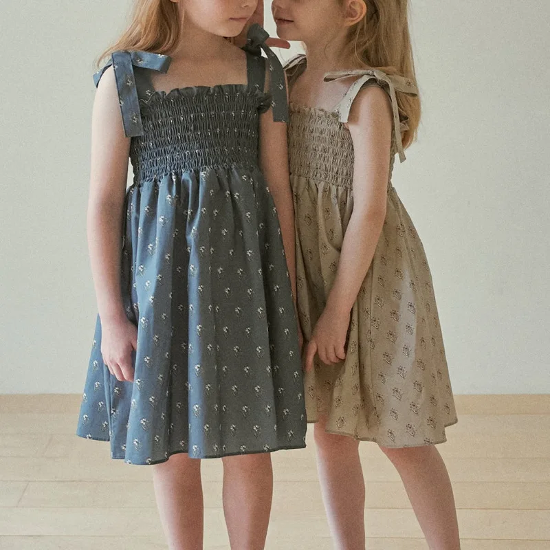 2026 Summer New Girls Sweet Floral Dress Children Sleeveless Sling Dress Cotton Baby Girls Bow Princess Dress Toddler Clothes