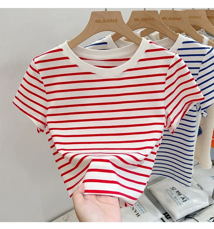 Gestreiftes Kurzarm-Damen-T-Shirt 2026 Sommer Neuheit Baumwolle Lässig Vielseitig Schlanke Passform Modische Oberteile Farbblock-Shirt – Detail 10