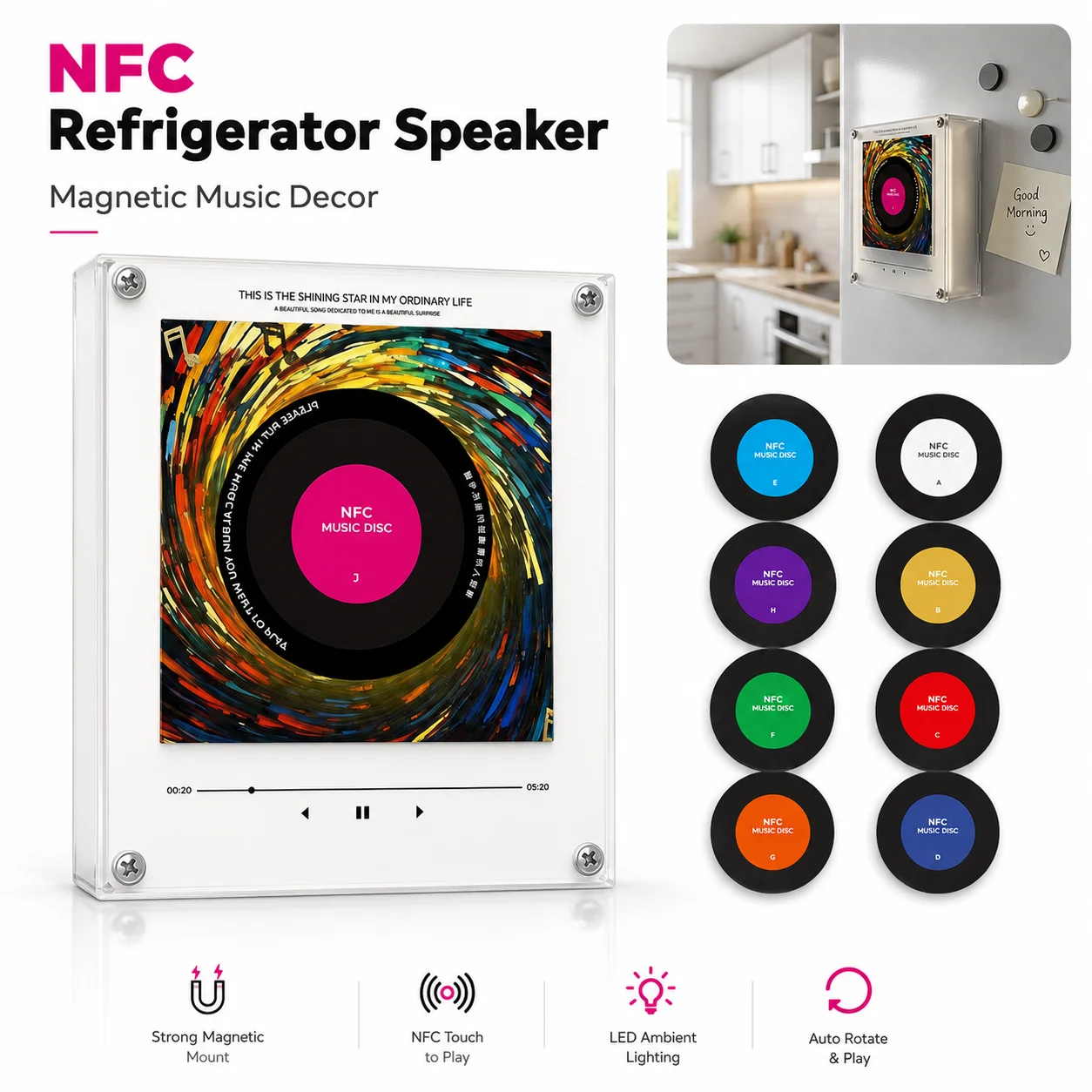 

NFC Refrigerator Magnet Speaker Acrylic Night Light Type C Rechargeable Music Player with Built In Memory for Home Decor Gifts