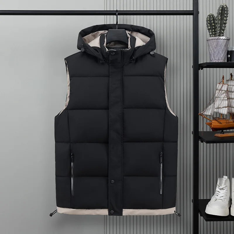 

Мужской зимний стеганый жилет 2025, куртка без рукавов с капюшоном, толстый теплый хлопковый жилет с воротником-стойкой, свободный крой, модный