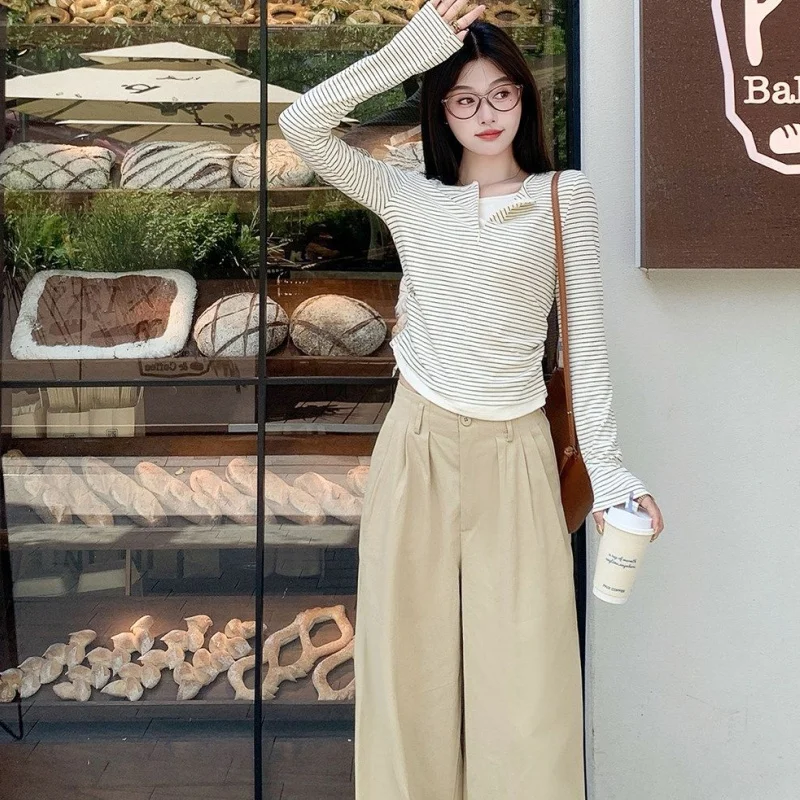 Women Spring Autumn Korean Vintage Striped Fake Two Piece Base Layer Top Girls Fashion Daily Commuter Casual Blouse