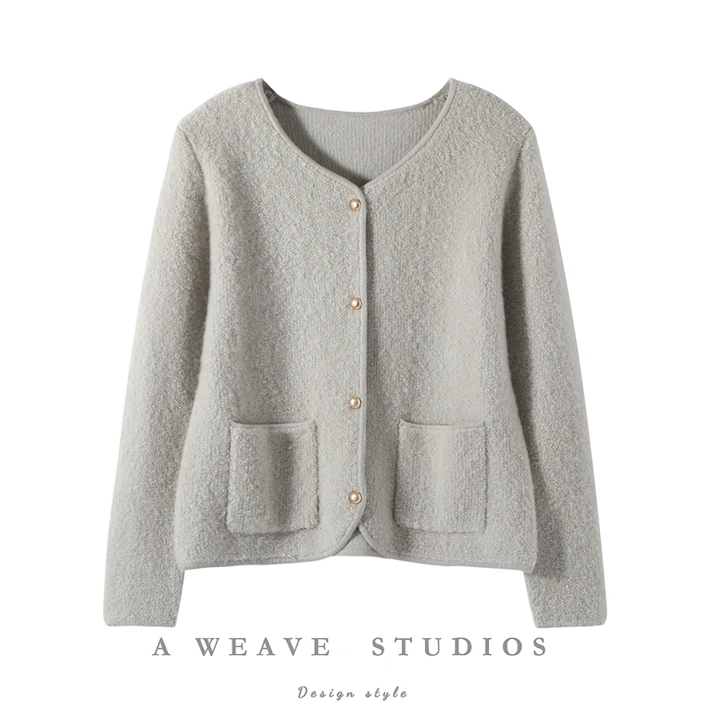 

Женский свитер из 100% кашемира с v-образным вырезом, кольцо для полотенец, кардиган, карманный дизайн, кашемировое вязаное пальто, осень-зима, мягкие теплые толстые топы