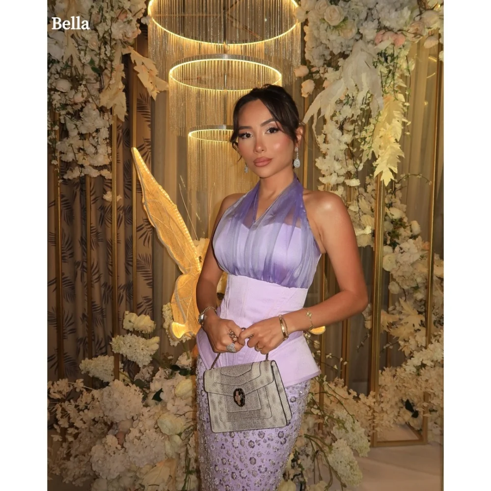

Bella Customized Purple Beading Halter Neck robes de soirée Two-Piece Set Evening Dresses Sleeveless Floor-Length Wedding Dress