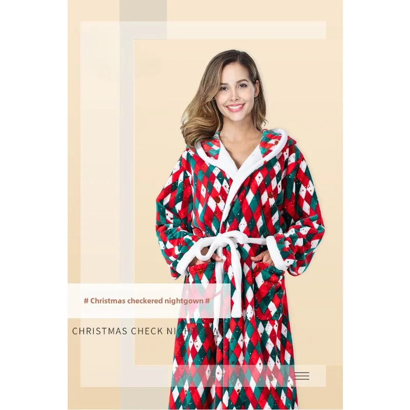 New Arrival Christmas Checkered Bathrobe Wizard Hat Hooded Color Block Lace Up Flannel Nightgown Lingerie Women Pajama Pajamas