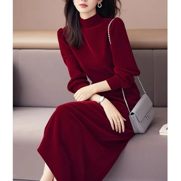 Elegant Red Velvet Fashion Wrap Dress Chic High Waist Design Perfect for New Year Celebrations Urban Commuting Sweet Style
