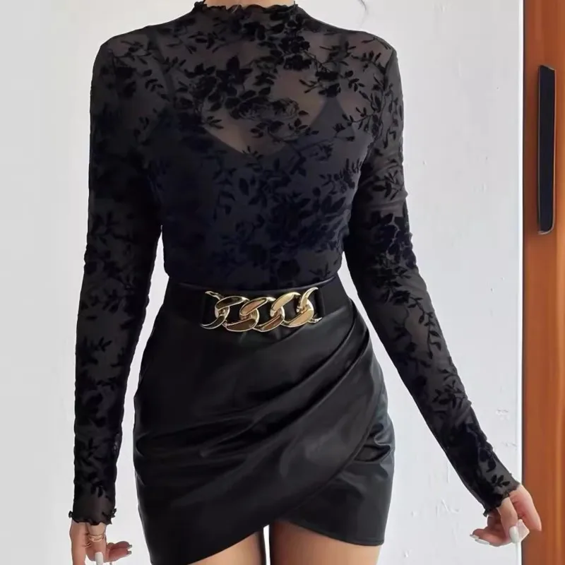 

Sexy Woman For Lace Top Spring And Autumn Mesh Stand Collar Base Long Sleeves Tops Semi-transparent Elegant Ladies Pullovers