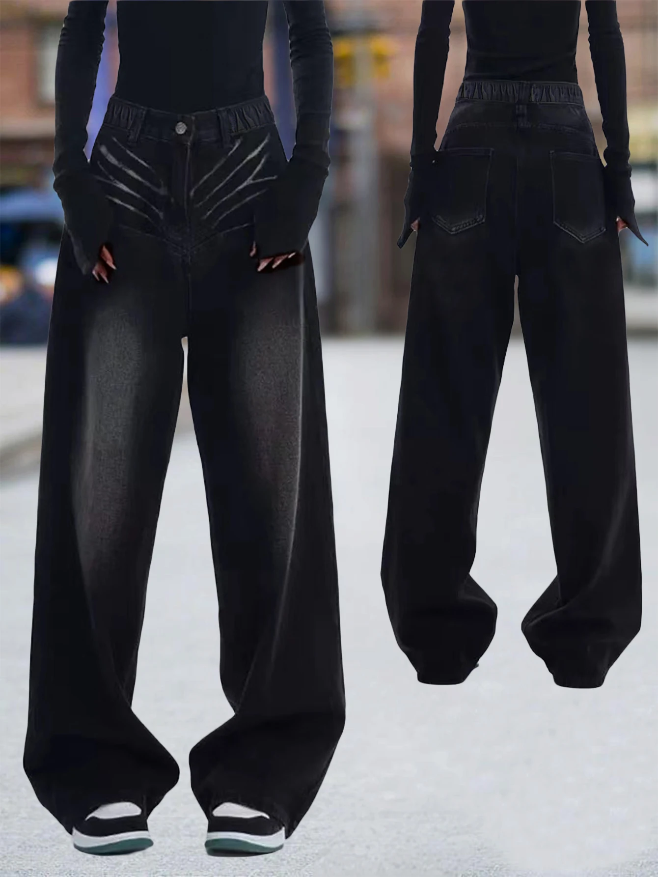 

Teenage girls' black school-style versatile washed denim long pants, casual slimming loose straight-l