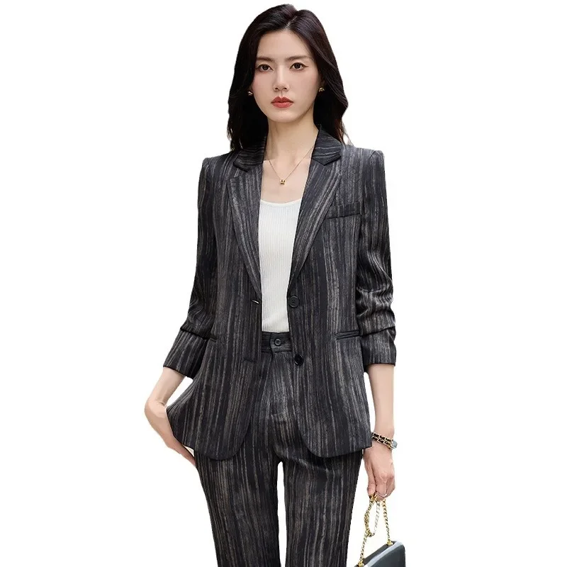 

Pop Fashion Women Striped Pants Suit New Spring Business Formal Slim Long Sleeve Thin Blazer And Trousers Office Ladies Work Wea