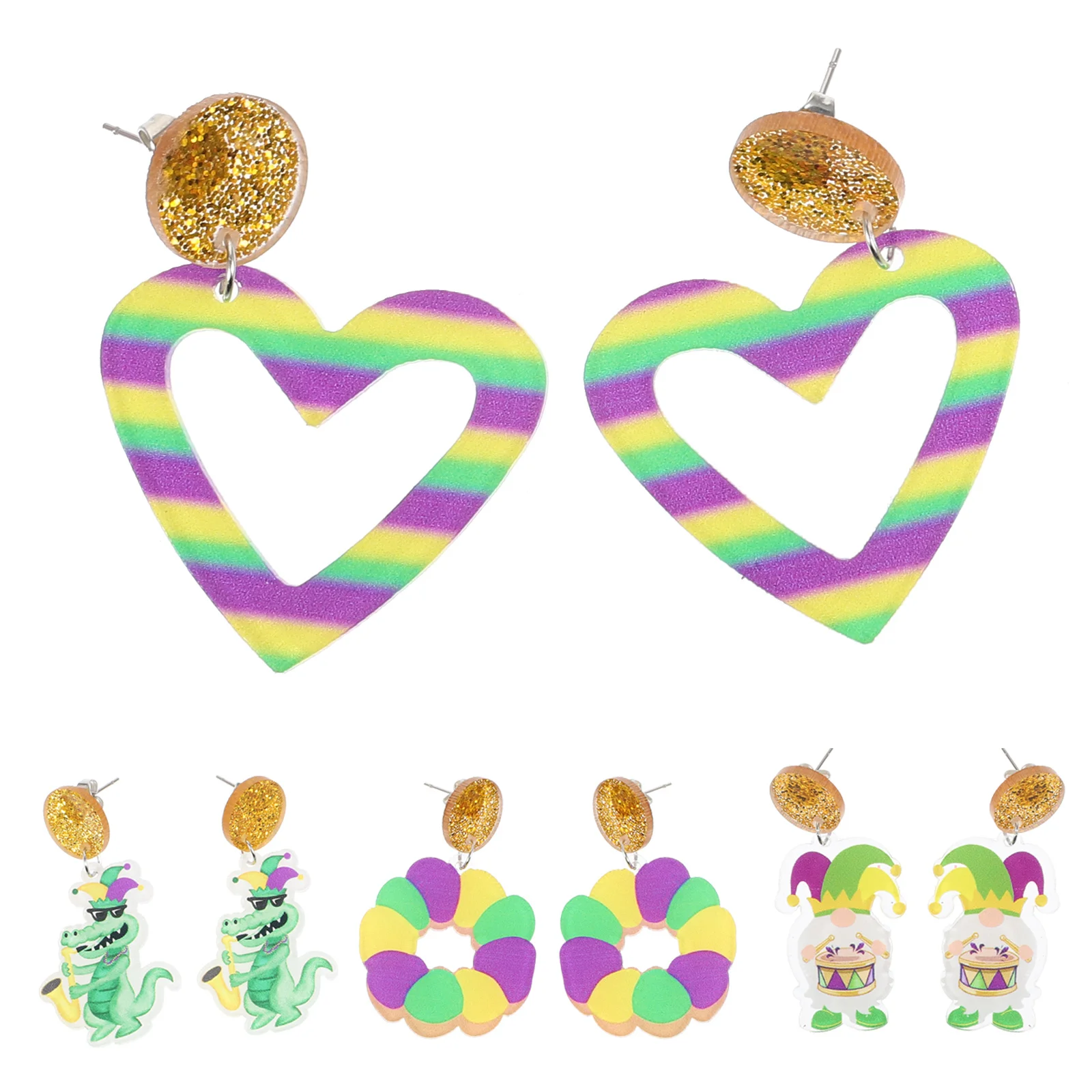 

4Pairs Carnival Theme Sparkling Acrylic Earrings Cute Decorative Earrings for Women Girls Holiday Party Alligator Gnome Heart