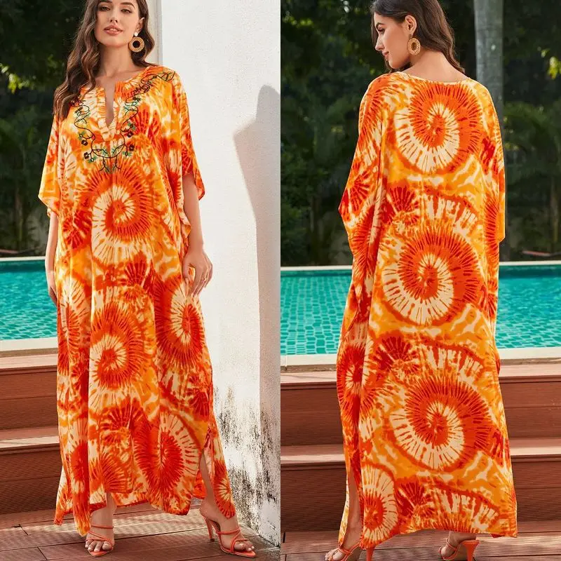 Women's Rayon Beach Cover Up Dress with Tie Dye Print Embroidery and Lightweight Flowy Design for Vacation Sun Protection