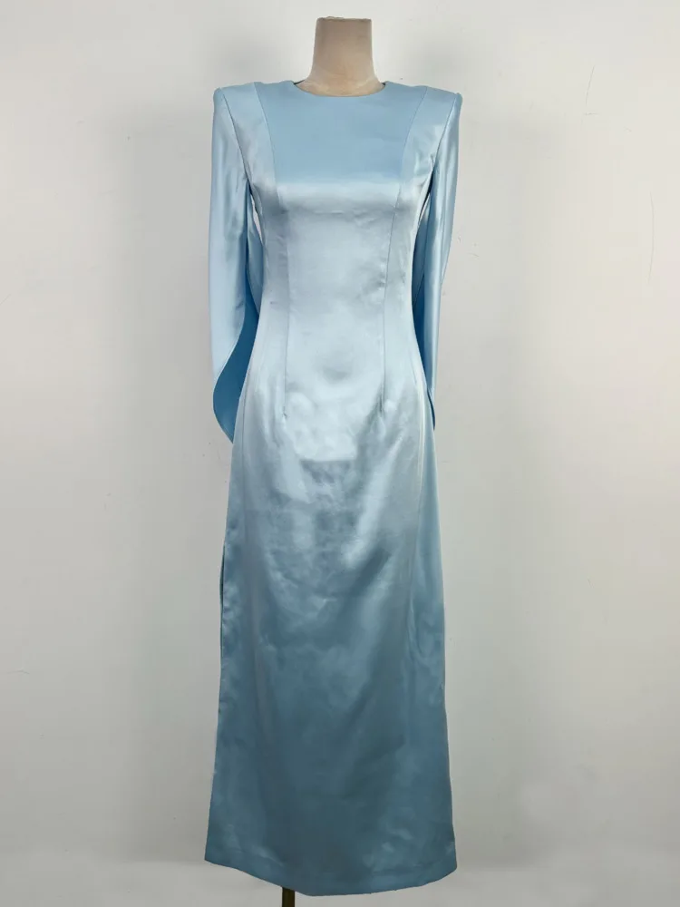 QMQA Mode dames elegante avond satijnen splitjurk eenvoudige effen kleur lange mouwen jurken 2025, nieuwe herfstkleding QM755