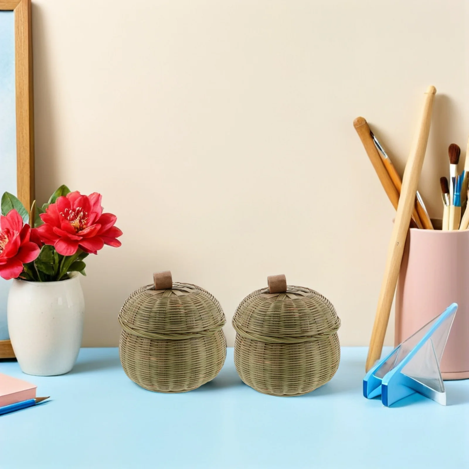 

2Pcs Bamboo Woven Go Chess Case - Traditional Chinese Weiqi Storage Jar with Lid - Secure Organizer for Stones - Compact Travel