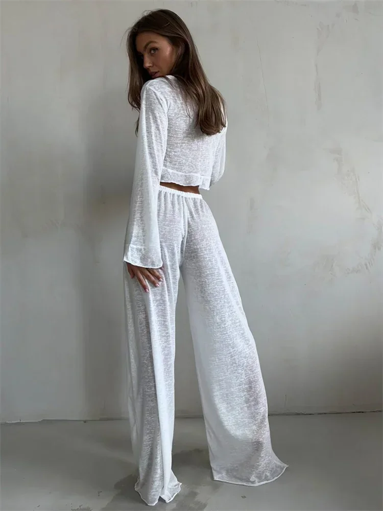 Casual Fashion 2 Piece-Set Trousers For Women V-Neck Lace-Up Long Sleeve Top And High Waist Women\'s Pants Outfits Female