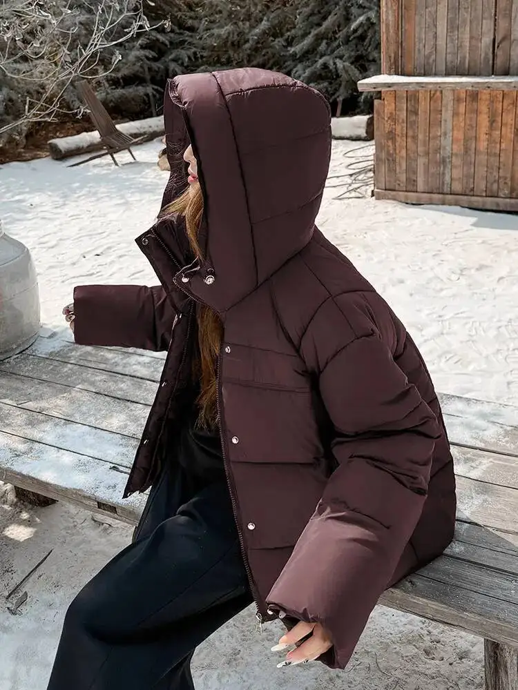 Vielleicht 2026 New Hooded Women's Jacket Parkas Short Cotton Padded Outerwear Solid Color Ladies Winter Clothes