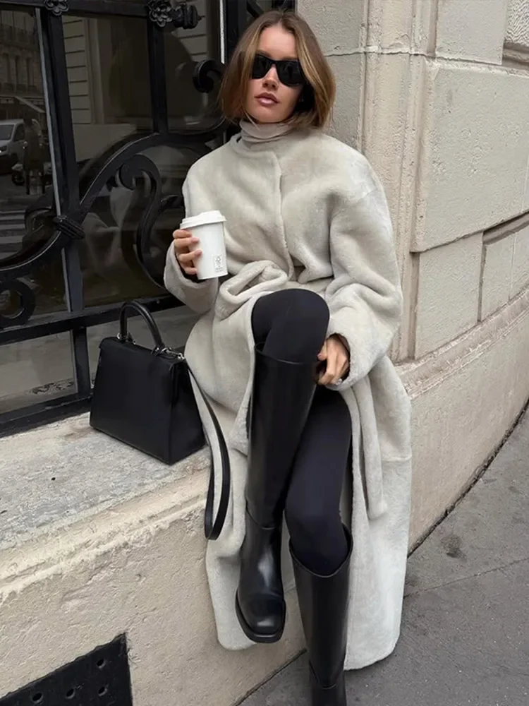 Women Elegant Lace Up Faux Fur Long Jacket Plush High Neck Full Sleeve Loose Warm Long Coats Lady Winter Commute Street Outwear