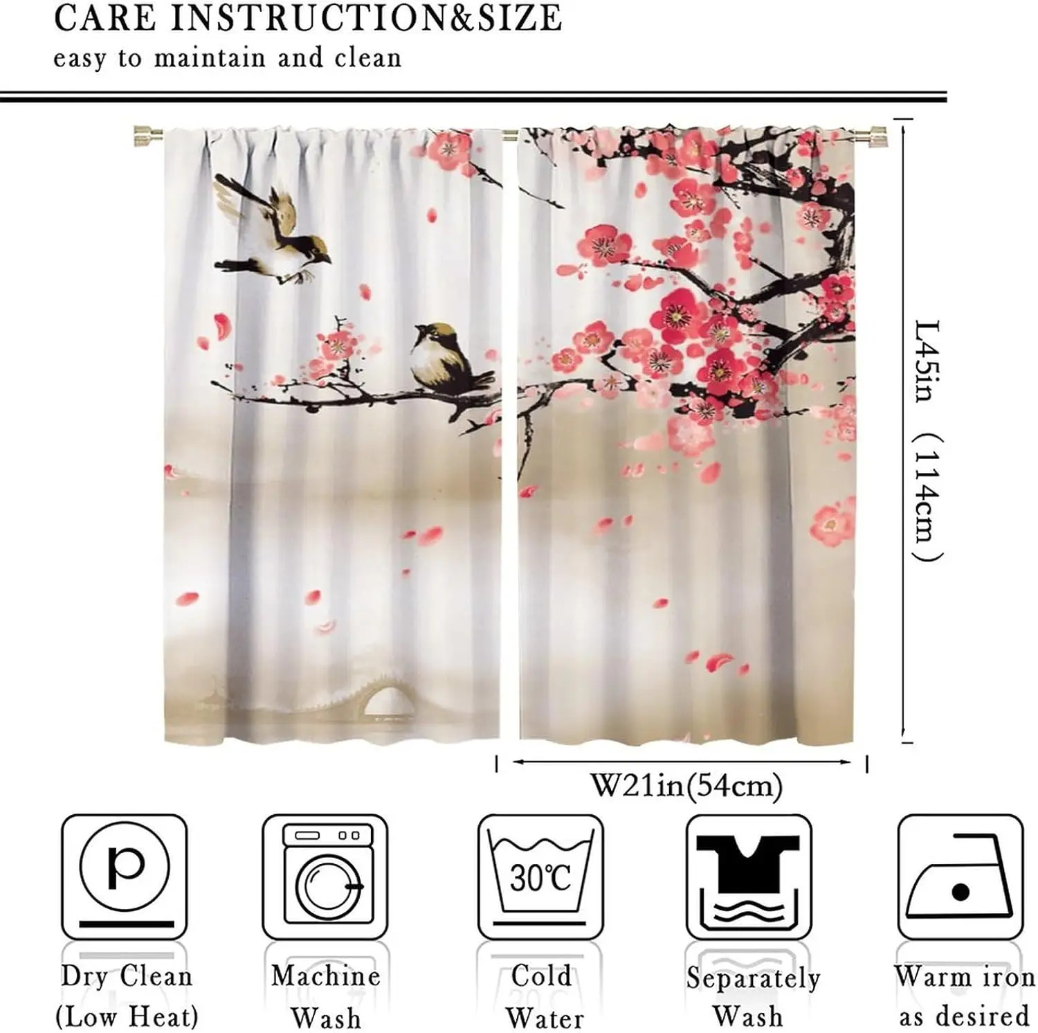 Oriental Bird Flower Branch Print Curtains Traditional Asian Style Blossom Design for Living Room Bedroom