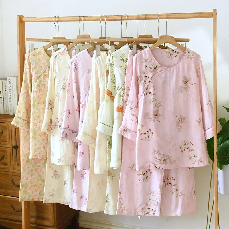 

Bamboo Fiber Cotton Women's Homewear Pajama Set National Style Three-quarter Sleeve Nine-quarter Pants National Clothes
