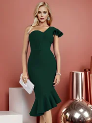 Midi Bandage Dress Women Green Party Dress Bodycon Elegant Ruffle Sexy One Shoulder Birthday Evening Club Outfits Summer 2024