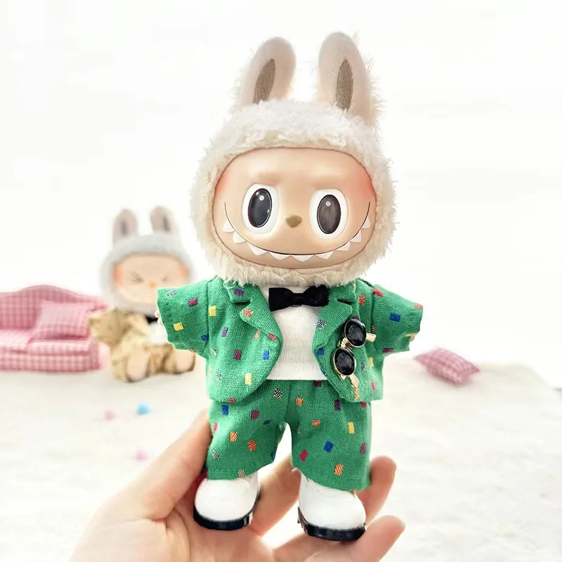 Kawaii 17cm Labubu Doll Fashion Candy Color Western Suit Clothes Cute 15cm Idol Plush Doll Accessories Gifts