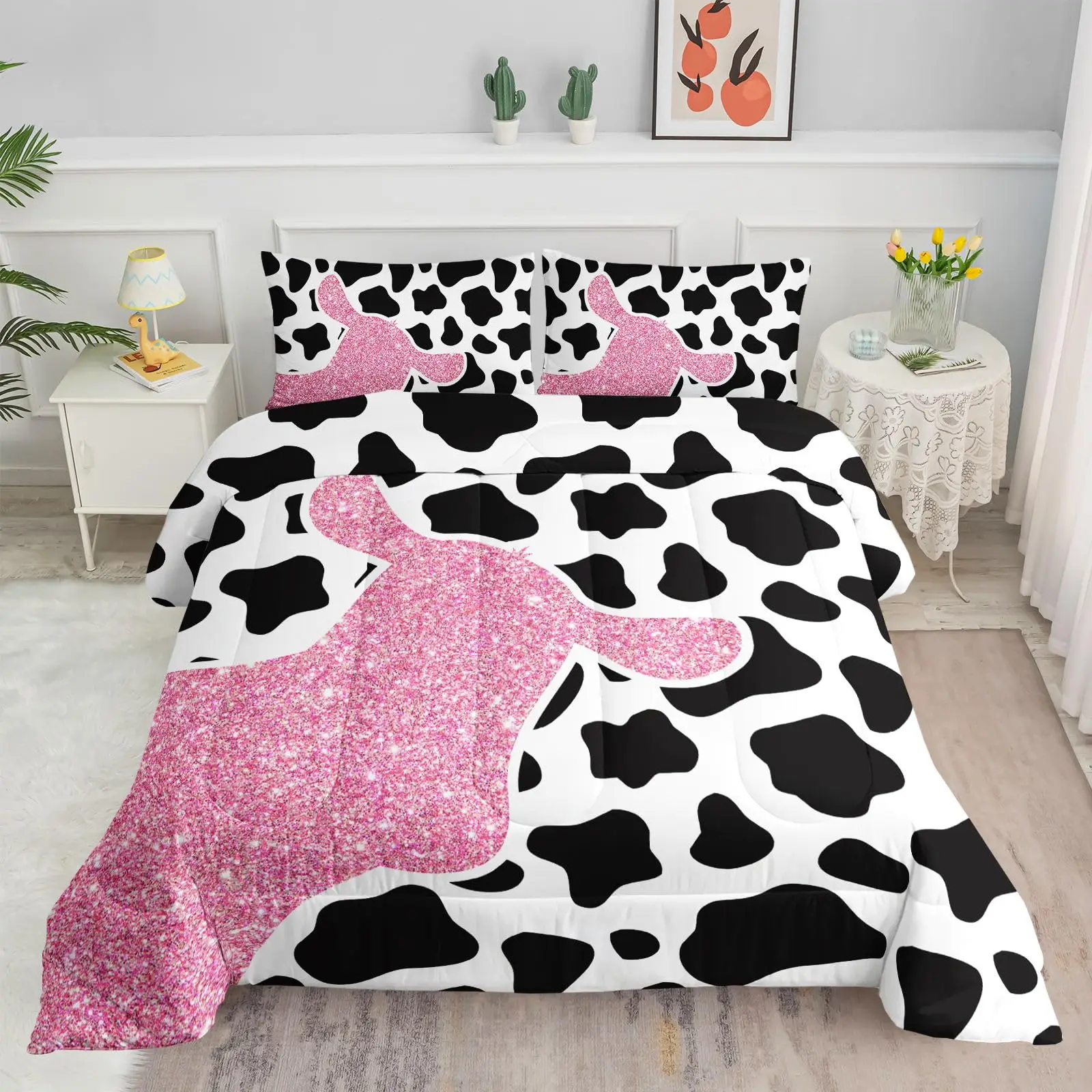 Cow Print Duvet Cover Twin Size, 3 Pieces Cow Bedding Set with 2 Pillowcases, Black and White Comforter Cover Bedroom Decor