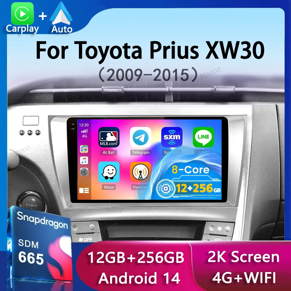 Android 14 Carplay Car Radio For Toyota Prius XW30 2009 2010 2011 - 2015 Navigation GPS Multimedia Player wifi+4G BT Auto 2 DIN