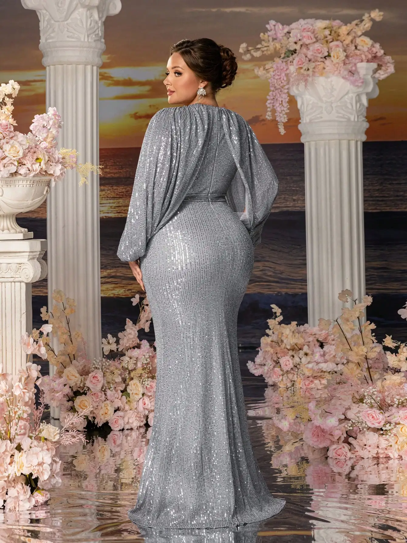 

Plus Size Silver Sequin Mermaid Gown with Draped Sleeve & Waist Belt