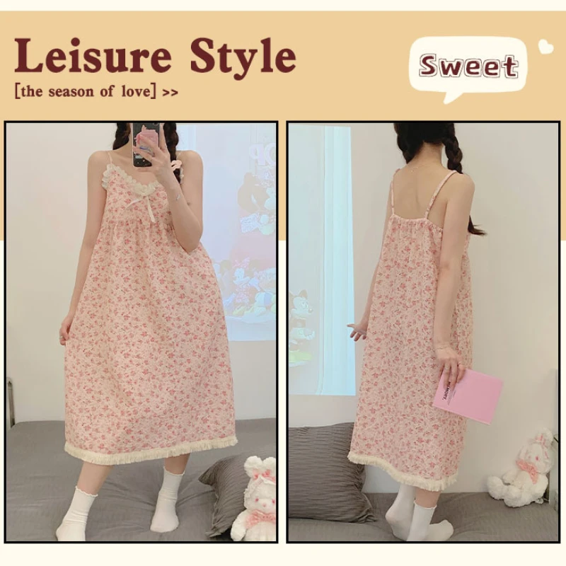 M-2XL Große Größe Schlaf Kleid Weibliche Sommer Süße Floral Sling Pyjamas Mittellanges Kleid Homewear Ärmellose Loungewear