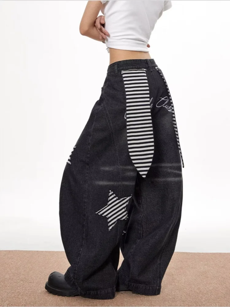 2025 American Retro Y2K Fashion Star Ricamo Vintage Pantaloni jeans larghi neri per abbigliamento donna Pantaloni da donna di lusso a gamba larga