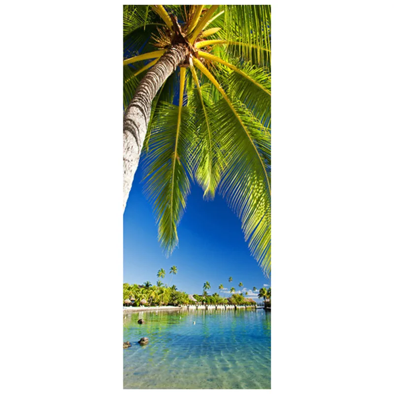 

Sea View Door Stickers Seaside Palm Trees Landscape 3D Room Wall Art Fridge PVC Mural Home Decorations Summer Scenery Wallpaper