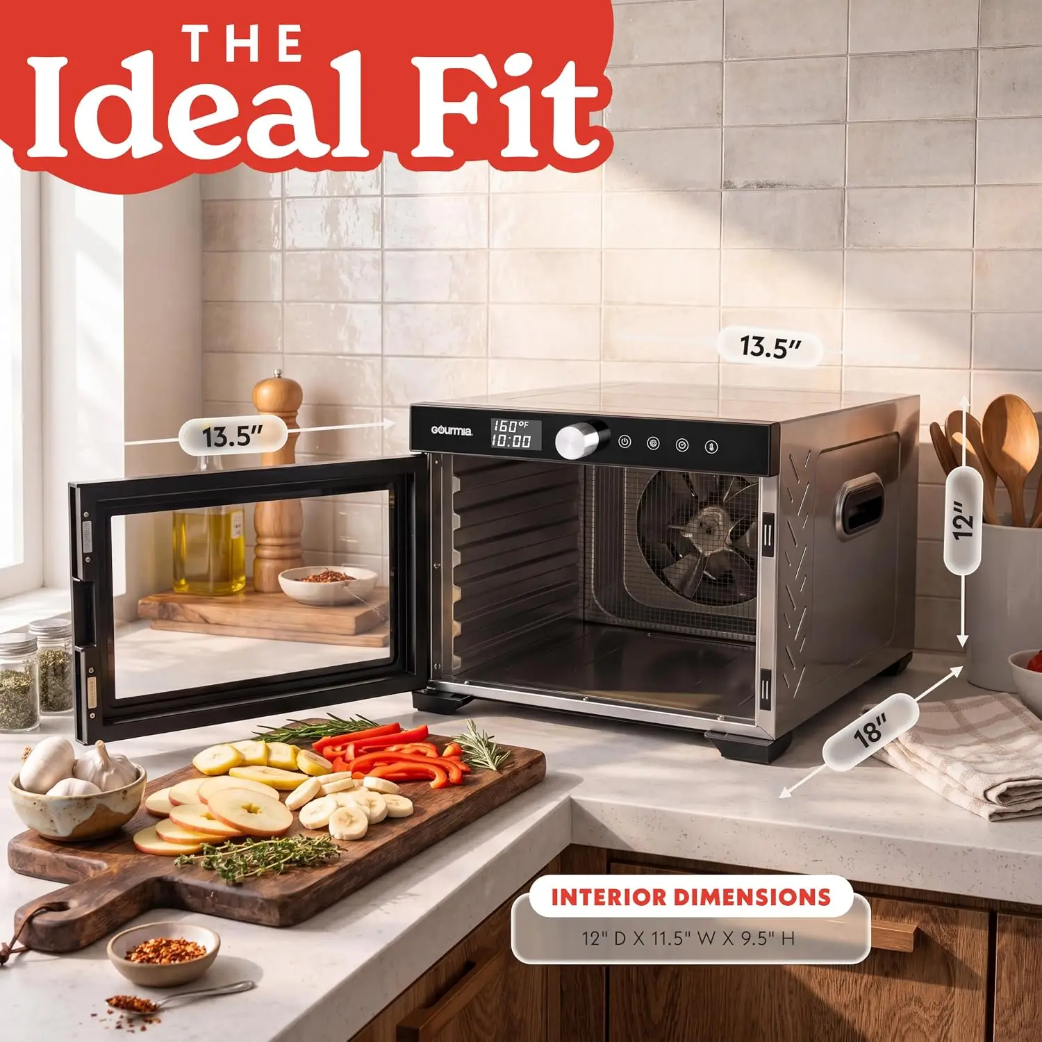 Digital Food Dehydrator – 6 Stainless Steel Trays, 360° Airflow, One-Touch Presets, Adjustable Temp 95–165°F, Timer, Glass Door,