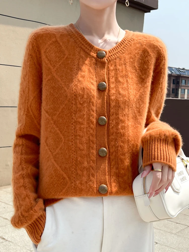 Autumn Winter Women Cable Knit Cardigan Thick Vintage Style Cashmere Sweater 100% Merino Wool Knitwear Korean Fashion Clothing