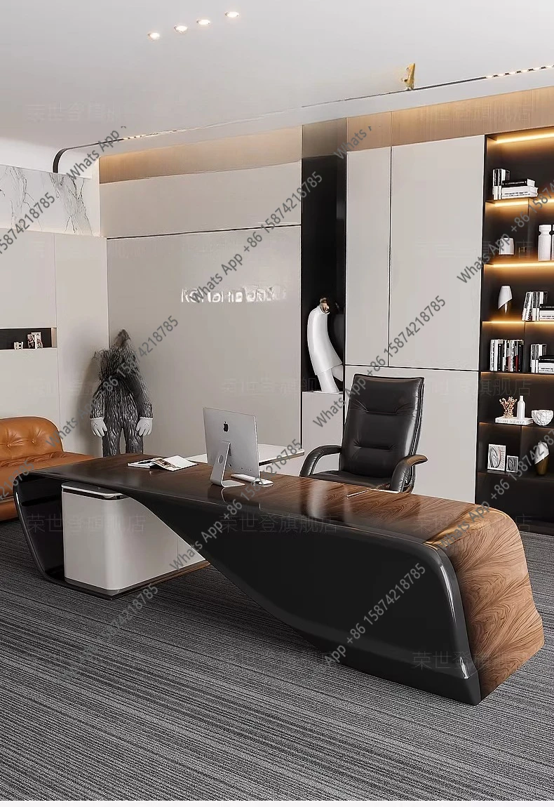 Solid wood leather boss's desk, simple and modern Italian light luxury baking paint, large class desk, office boss's desk