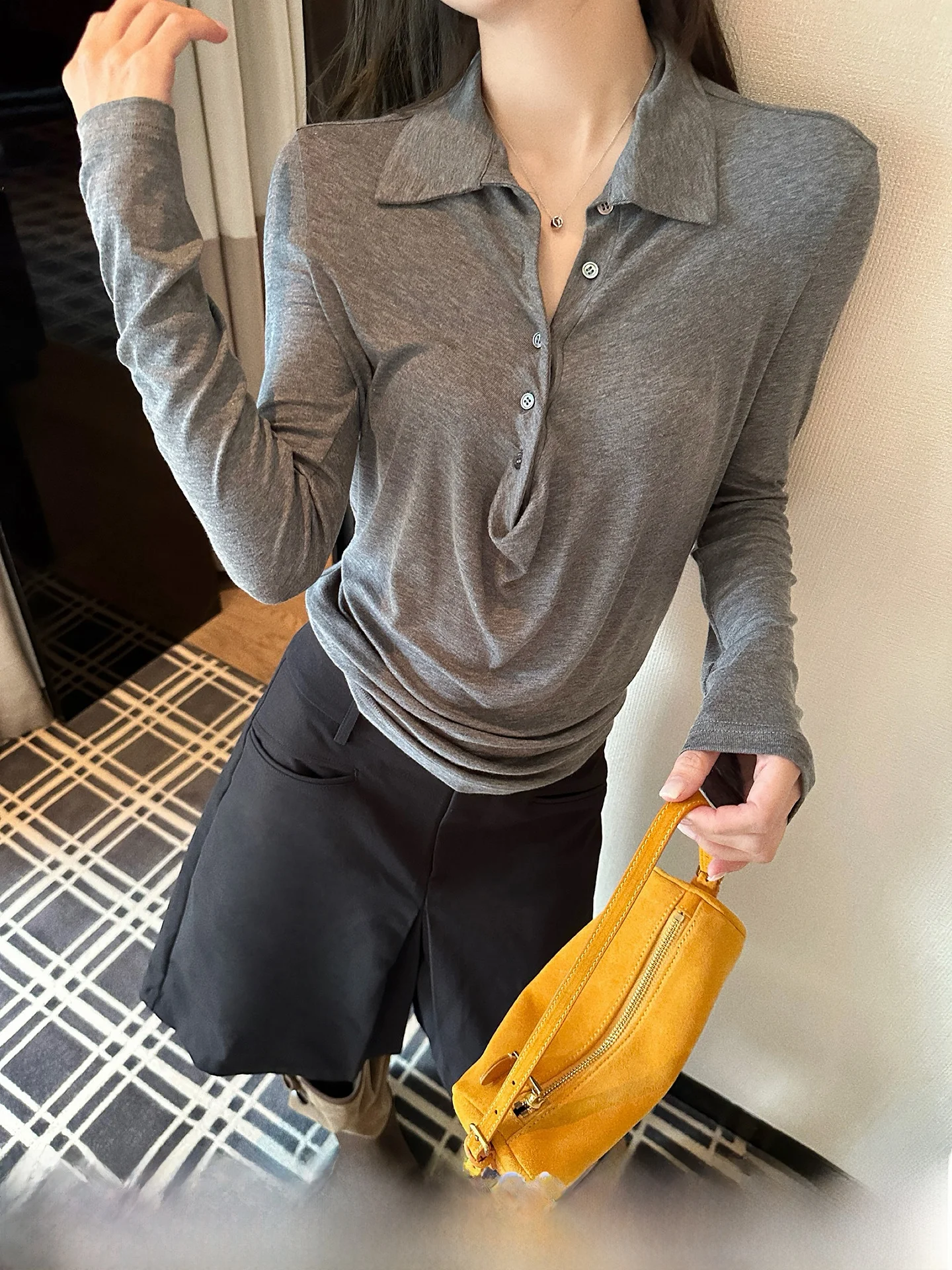 

NingSi ey Long Sve приталенная футболка женская повседневная футболка с воротником-стойкой осень новая мода универсальная база irt