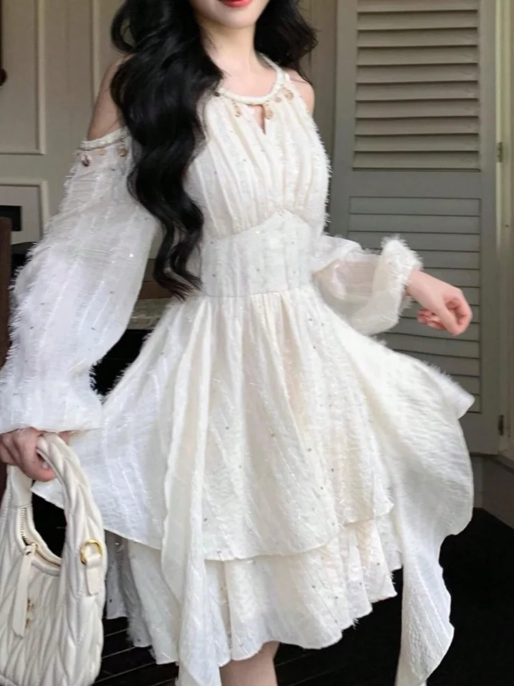 أنيقة الحلو الرسن الكشكشة فساتين متوسطة الطول الخريف Vestidos Mujer الكورية الجديدة المرأة الصلبة الجنية كم طويل ألف خط مطوي فستان