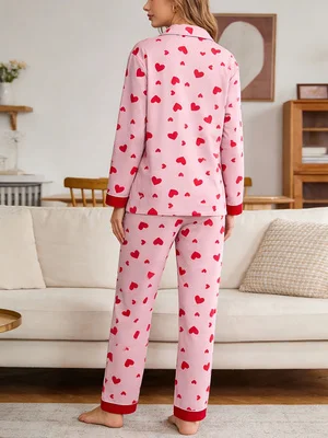 Women's home sleepwear set, heart-shaped printed sleepwear set, comfortable long sleeved top and pants