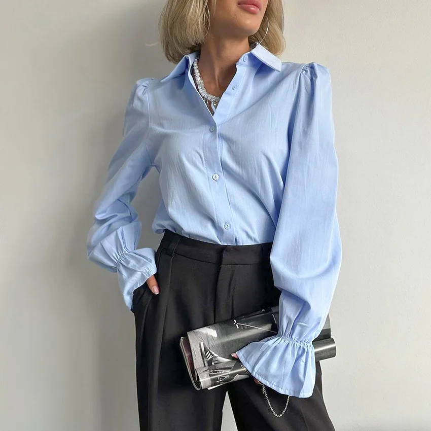 قميص بسيط من القطن الأزرق للركاب، قميص ربيعي داخلي بأكمام واسعة وطويلة، ملابس نسائية احترافية متوسطة وطويلة