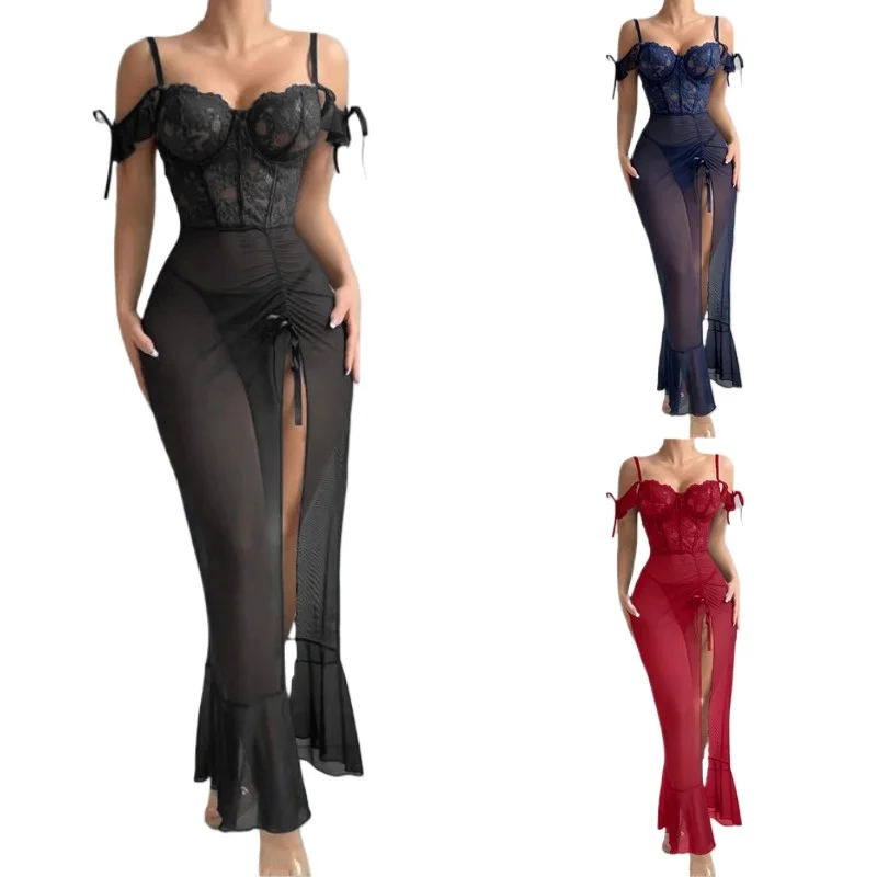 

Ladies V Neck Sleepwear Set with Spaghetti Straps Lace Up Front and Sheer Mesh Fabric with Slit Includes Nightdress and Panties