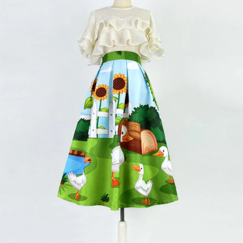 Elegant cartoon printed high waisted skirt for women's new slimming A-line fluffy skirt