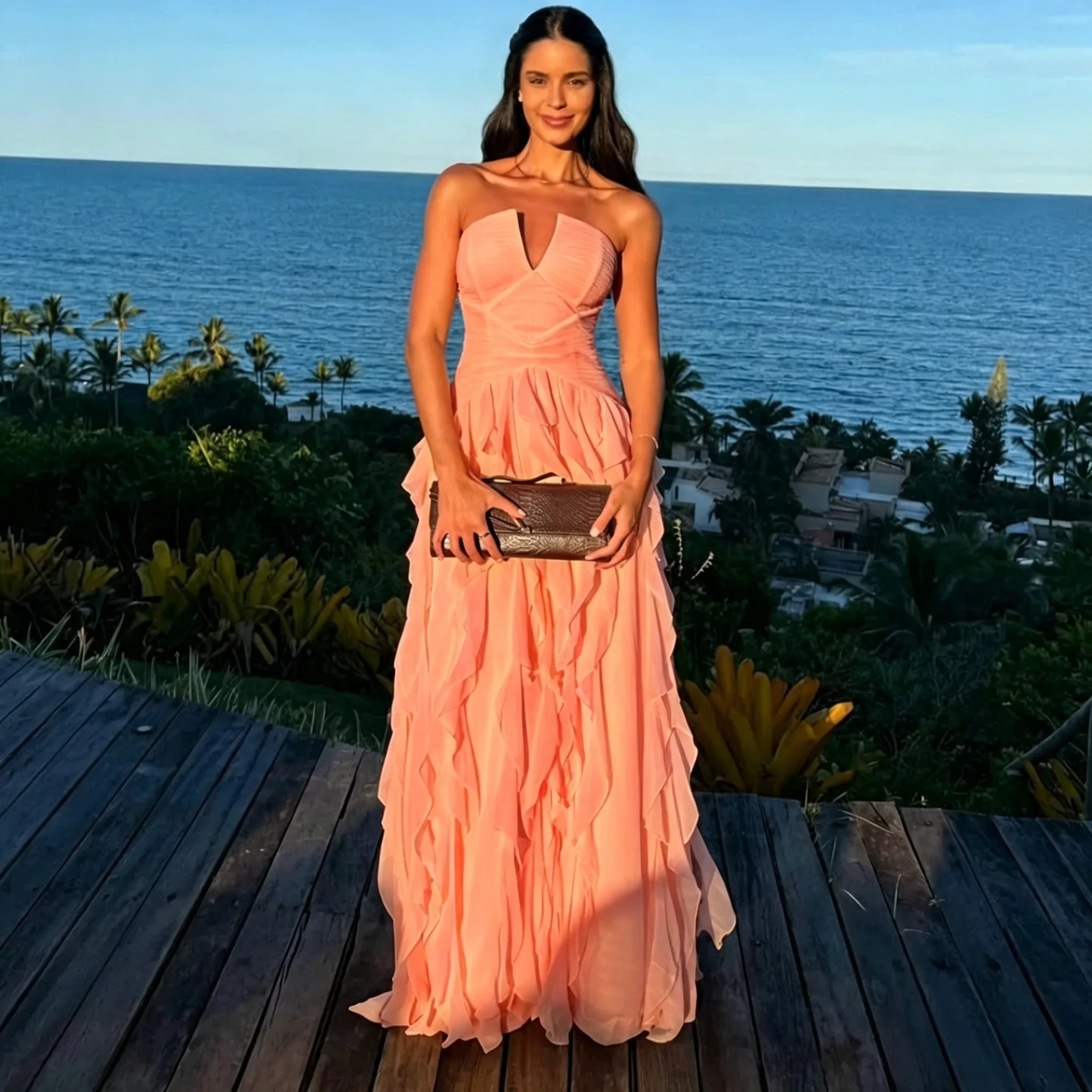 Strapless Deep V Chiffon Maxi Dress Women Ruched Waist Tiered Ruffle Long Formal Evening Gown Beach Wedding Guest Prom Dress image 6