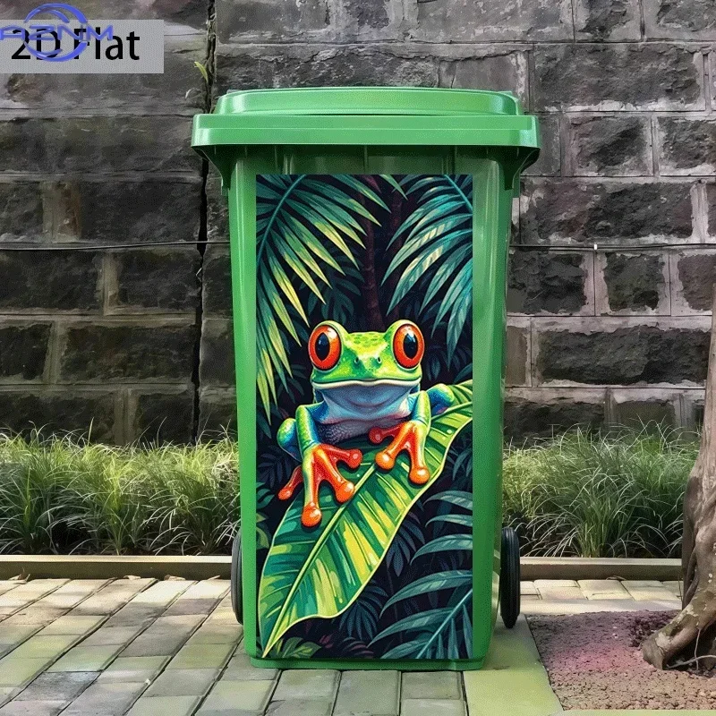 2D 1PCTrash Can Sticker Rainforest Colorful Frog Perching on Leaves Themed Design Self-Adhesive Wall Decal Wallpaper for Kitch