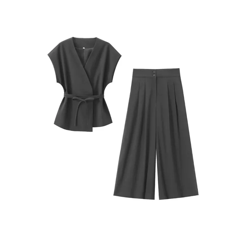 Moda feminina calças ternos sem mangas com decote em v superior com cinto calças retas define 2026 primavera verão commuter 2 peça conjunto