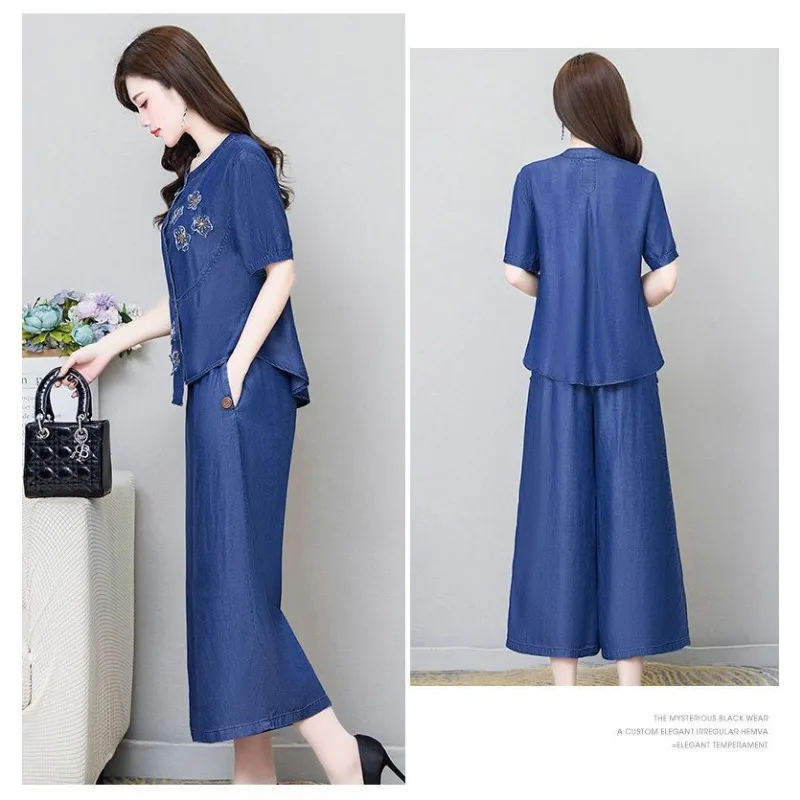 Women Chinese Style Embroidery Short Sleeve Two Piece Set Loose Wide Leg Long Pants Middle Aged Summer Outfit