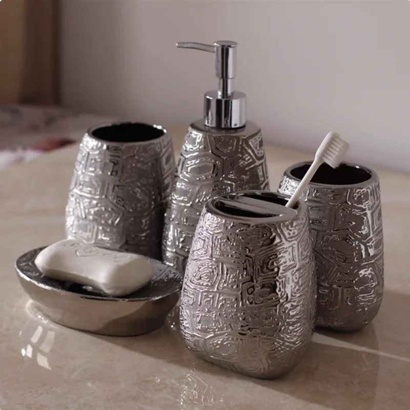 Bathroom Electroplating Silver Plated Embossed Ceramic Toothbrush Holder Soap Dispenser Shampoo Bottle Bathroom Supplies