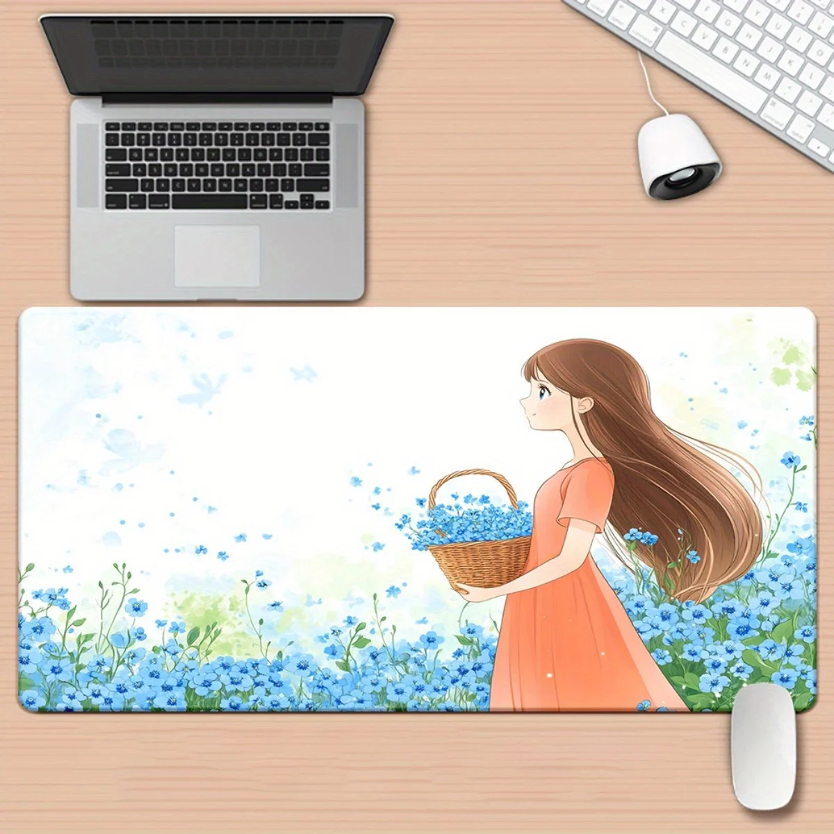 

1pc Anime Girl with Blue Flowers XXL Mouse Pad - HD Printed Desk Mat for Gaming & Office, Multi-Functional Rubber Base, Vibrant