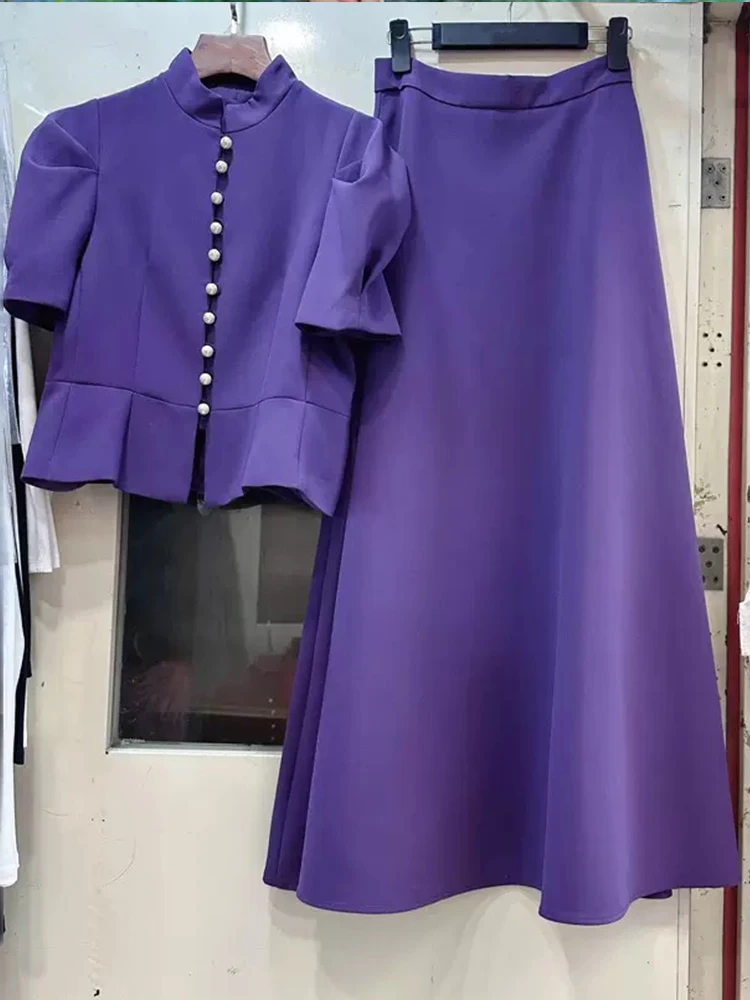 Elegant bubble short-sleeved single-breasted jacket spring and summer women's new high-waisted skirt fashion two-piece suit