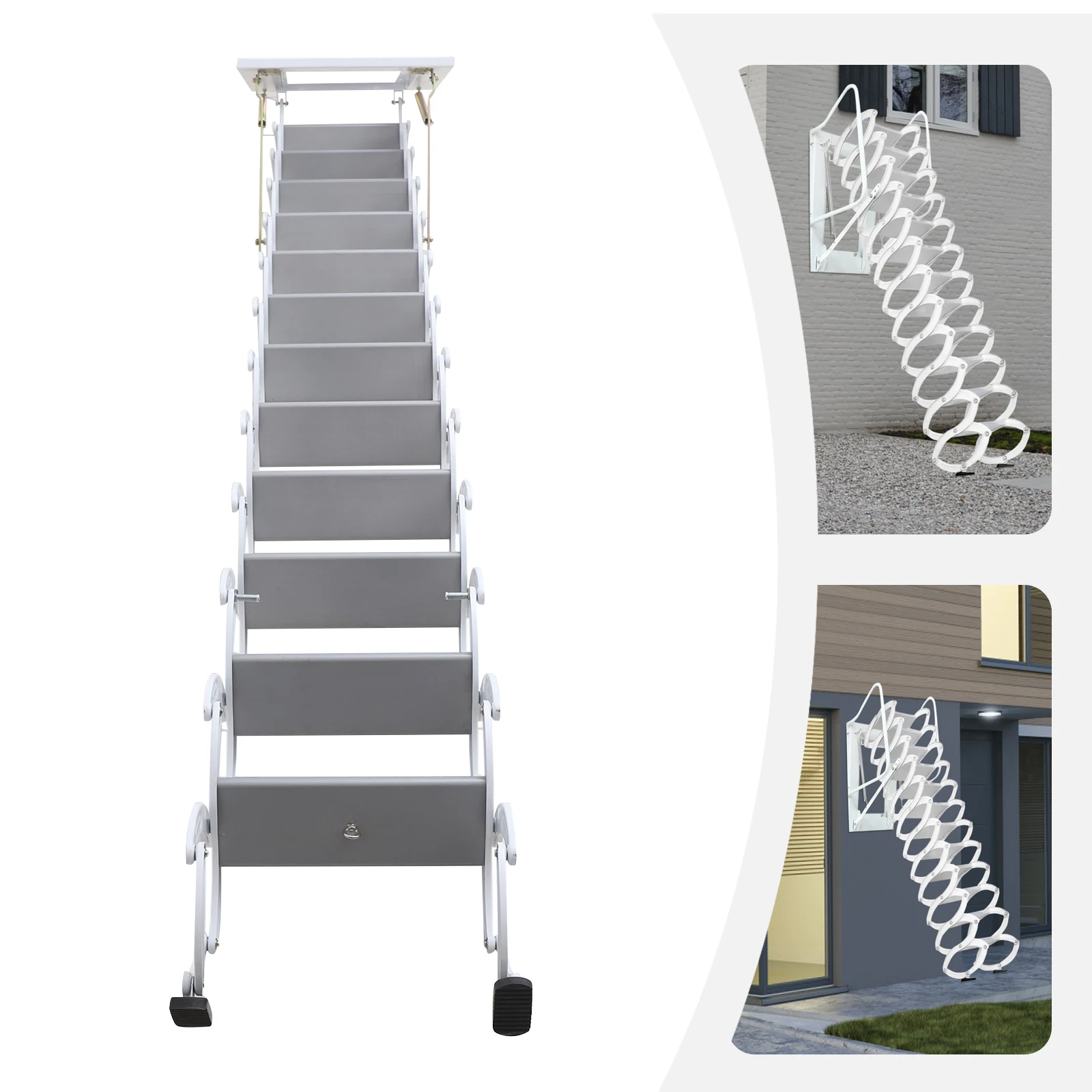 12 Steps Wall Mounted Attic Ladder Loft Folding Home Garage 882lb Retractable Ladder with Armrests Pull Down Stairs White