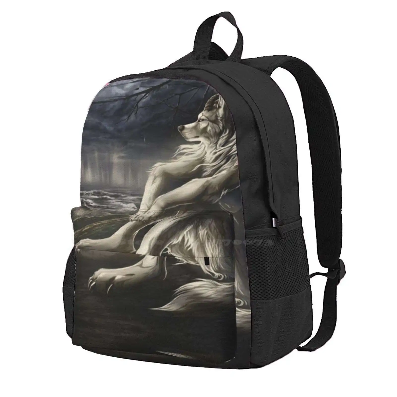 Emo White Wolf Sitting Sad Meme Hot Sale Schoolbag Backpack Fashion Bags Emo Wolf Sad Sitting Meme White