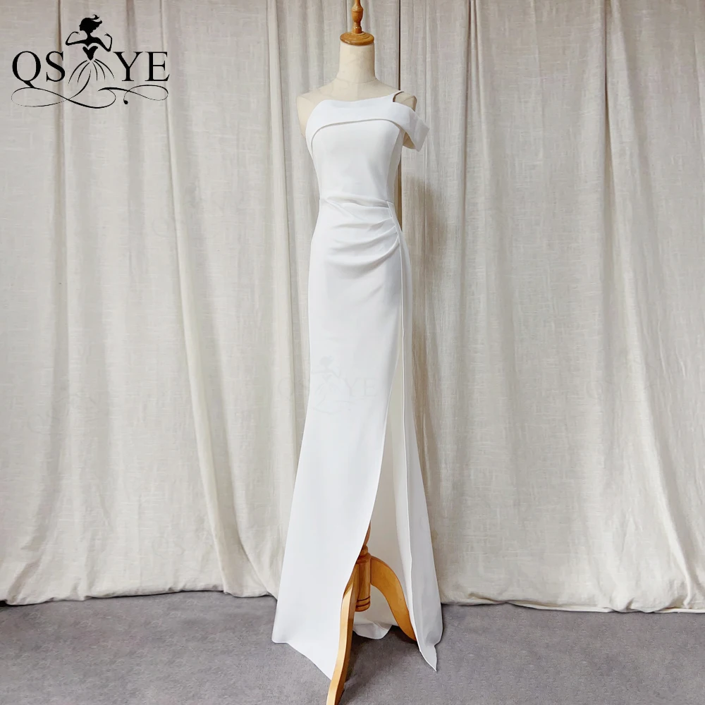 One Shoulder White Wedding Dresses Fit Sexy Split Long Simple Bride Gown Formal Ruched Side Sleeves Elegant Mermaid Bridal Dress