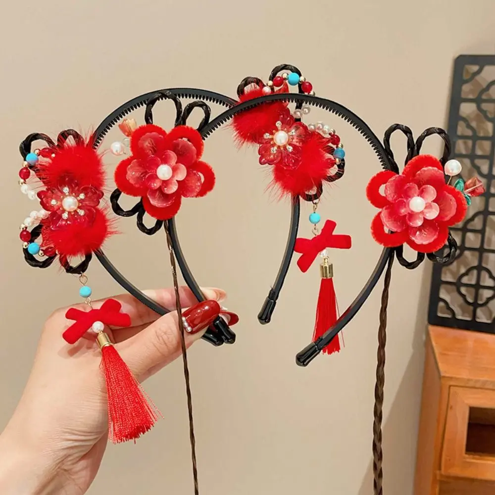 لطيف زهرة الأطفال شعر مستعار عقال شرابة جديلة الشعر Hanfu الشعر العصي الطراز القديم فتاة إكسسوارات الشعر القوس الأحمر هيرباند الفتيات #2