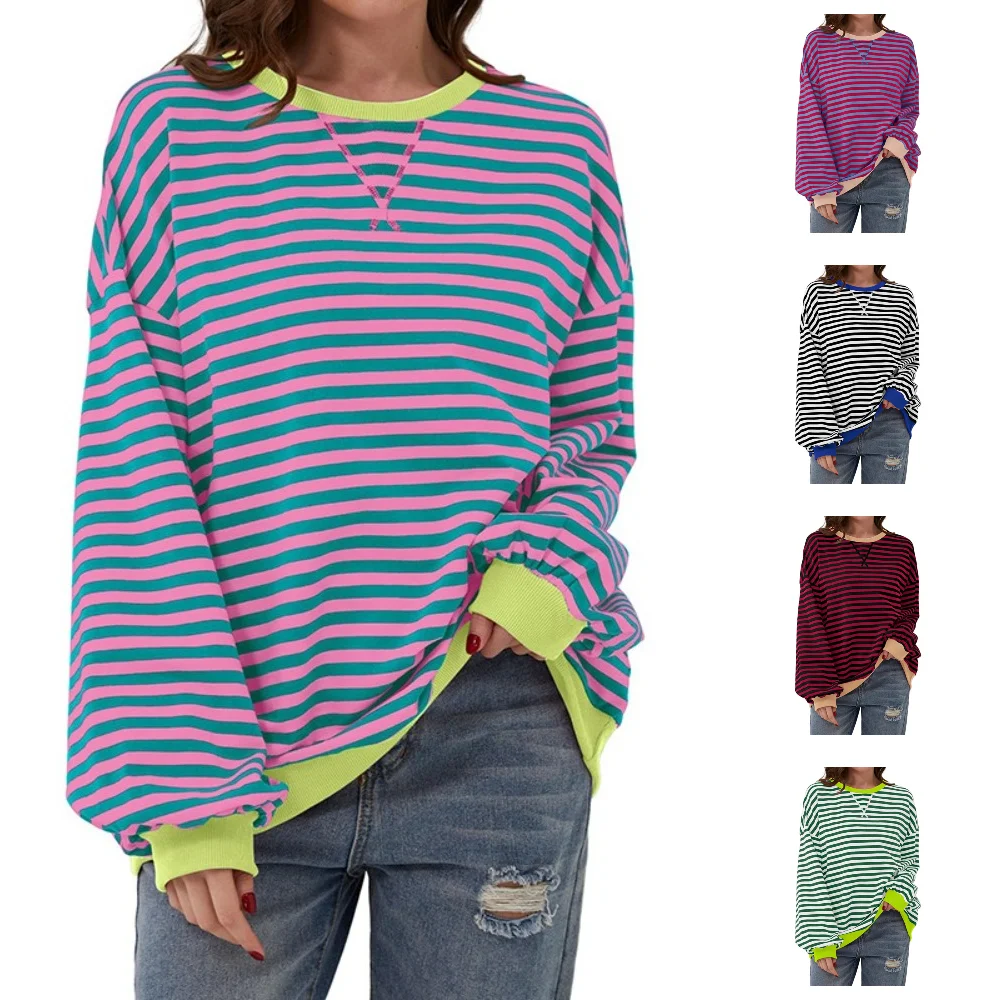 أنيقة فضفاضة مخططة المتضخم البلوز طاقم الرقبة الأساسية البلوفرات النساء Y2K كل مارس المرقعة كم طويل تي شيرت الإناث